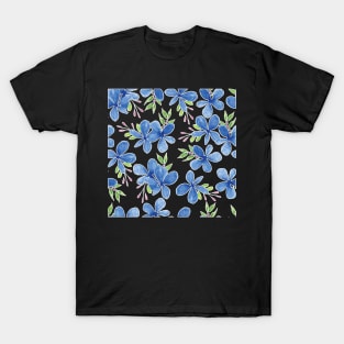 Blue Petal Flower Watercolor Pattern Black Background T-Shirt